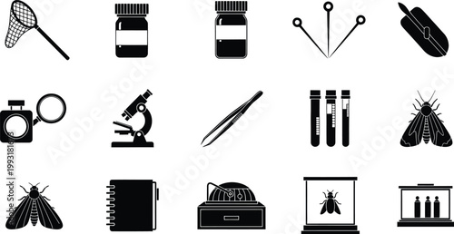 Collection of black and white entomology icons representing tools for insect study and collection