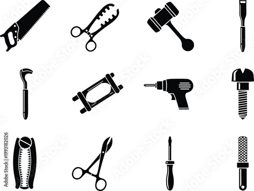 A collection of black and white icons representing various hand and power tools for construction.