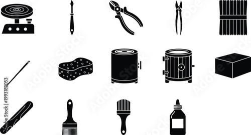 Set of black icons representing various professional pottery and ceramic making tools