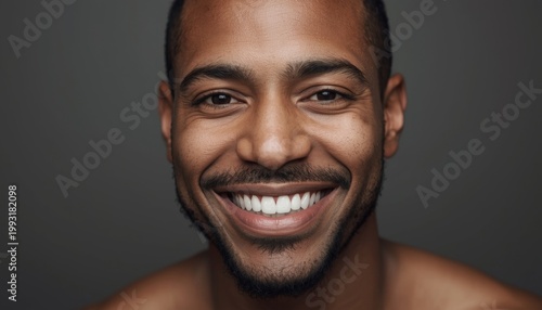 There is a close up of a man smiling with a toothbrush in his mouth