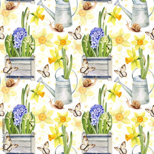 watercolor seamless pattern of spring theme, blue, white hyacinth in wooden garden box, yellow daffodils in watering can, flying butterfly, hand drawn springtime, Easter illustration of primroses