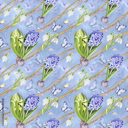 watercolor hyacinth, flying butterfly, blue flower heads, white snowdrops on diagonal background of natural rope, texture blue splashes, hand drawn seamless pattern, spring flower, Easter illustration