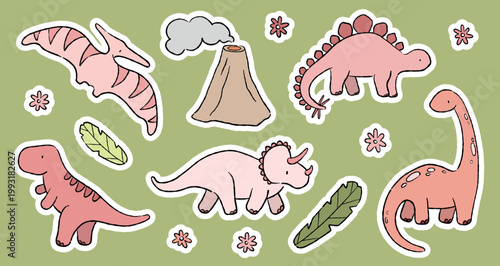 cute dino vector pink for girls. jurassic world stickers hand drawn isolated children clipart editable cute ink illustrations. Stegosaurus, Tyrannosaurus Rex, Triceratops, Pterodactyl, Brachiosaurus