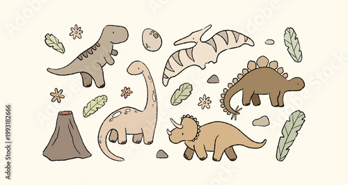 Dinosaur nude vector set. Clipart editable scalable. Stegosaurus, Tyrannosaurus Rex, Triceratops, Pterodactyl, Brachiosaurus, volcano, tropical. boho, scandinavian, neutral nursery wall decor, prints