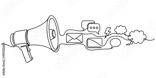 Continuous one line of a megaphone transforming into message icons, representing advertising flow, style hand drawn vector illustration.