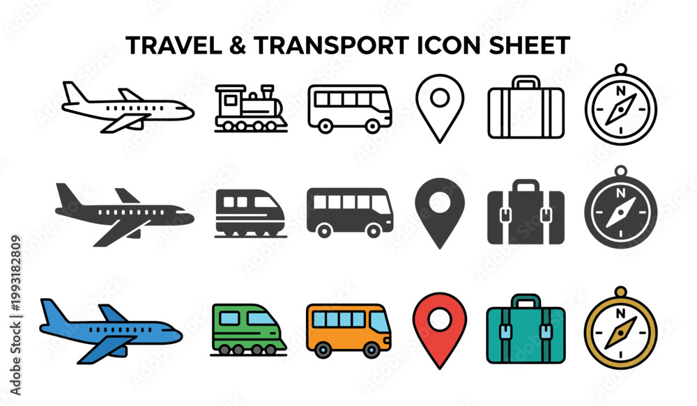 Fototapeta premium Travel & Transport icon set airplane, bus, train, map pin, compass outline, solid and color styles, white background