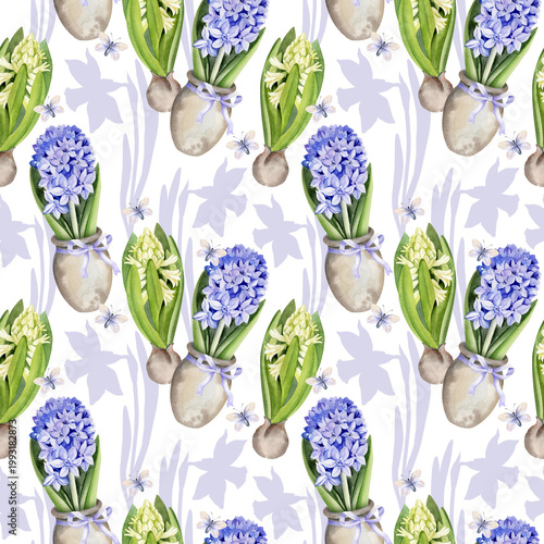 watercolor hyacinth in ceramic flower pot, flying butterfly, white snowdrops against background of lilac silhouettes of daffodils, hand drawn seamless pattern, spring flower, Easter illustration