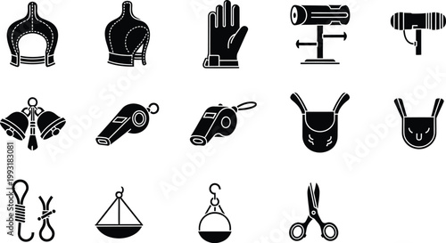 Collection of black and white icons representing various falconry and bird training tools and equipment.