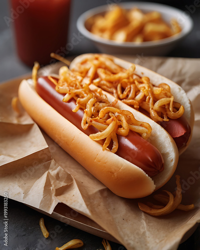 Icelandic hot dog (Pylsur) with crispy onions, mustard and ketchup, served in paper tray. Traditional authentic food of Iceland. Nordic scandinavian coastal cuisine
