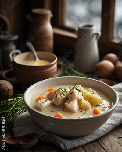 Icelandic Plokkfiskur (creamy fish and potato stew). Traditional authentic food of Iceland. Nordic scandinavian coastal cuisine