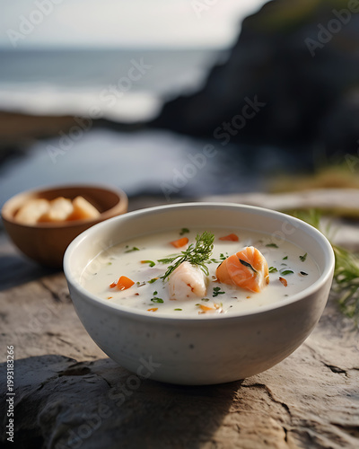 Icelandic creamy fish soup served in ceramic bowl, against coastal background with blurred ocean. Traditional authentic food of Iceland. Nordic scandinavian coastal cuisine