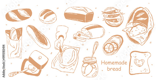 Set bread, pastries and baking process elements in sketch style. Homemade bread. For bakery branding, menus and food design.