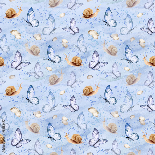 watercolor flying blue butterflies, brown tine cute snail against blue gradient splashes background, hand drawn seamless pattern of gardening, springtime and summer, Easter illustration for decoration