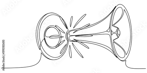 Continuous one line of a loudspeaker with radiating lines, representing advertising and public announcements, style hand drawn vector illustration.