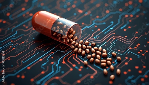 A red capsule spills brown pills onto a circuit board with blue and orange lines