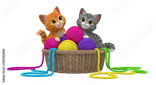 Two Cartoon Kittens in a Basket with Colorful Yarn Balls