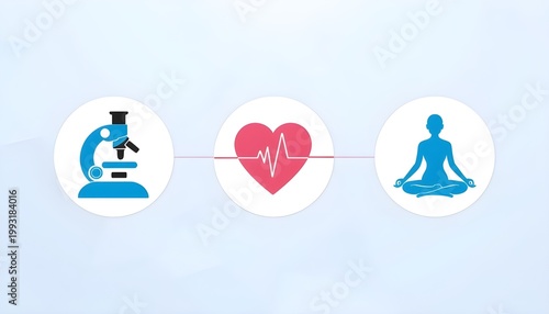A medical illustration showing the connection between science, heart health, and wellness through a microscope, a heartbeat line in a heart, and a meditating person.