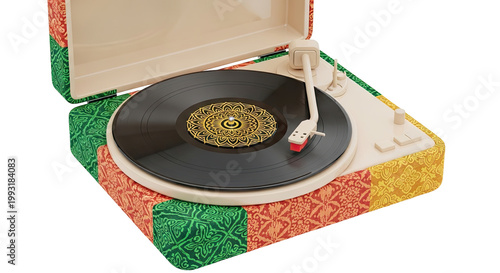 Vintage Style Record Player with Colorful Patterned Casing