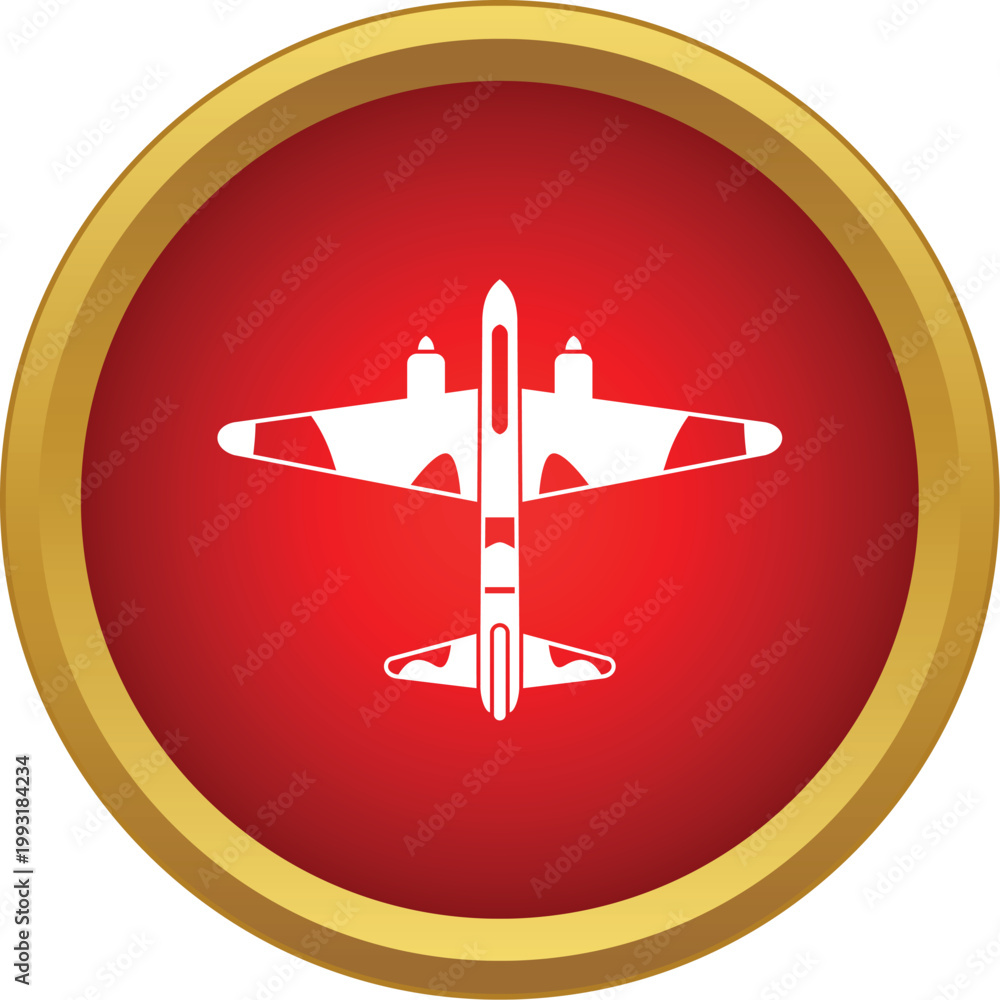 Fototapeta premium Military bomber plane flying in red circle modern icon, symbol of aviation