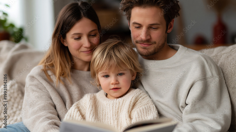 Obraz premium Parents reading a storybook with their toddler on a cozy sofa at home.