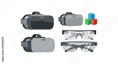 A set of virtual reality headsets and smart glasses are displayed with colorful 3D cubes to illustrate modern augmented reality and gaming hardware.