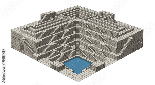 A massive isometric stone stepwell features hundreds of intricate stairways leading down to a central blue water pool in a traditional Indian style.