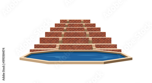 A frontal view of a tiered red brick fountain showcases a wide octagonal blue pool and multiple levels of steps in a formal architectural arrangement.