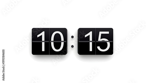 A close-up of a black flip clock displaying the time 10:15 on a plain white background