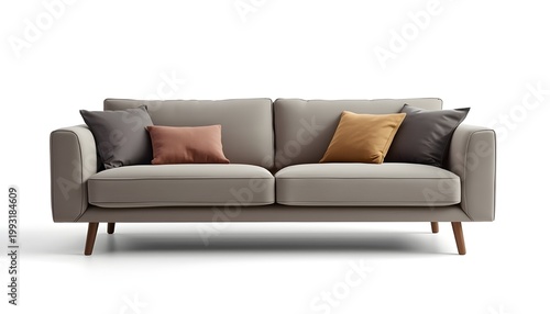 A modern gray sofa with brown and orange pillows on a white background