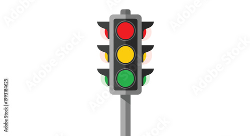 A frontal view of a classic black traffic light shows the red yellow and green signals glowing brightly against a neutral and clean white background.