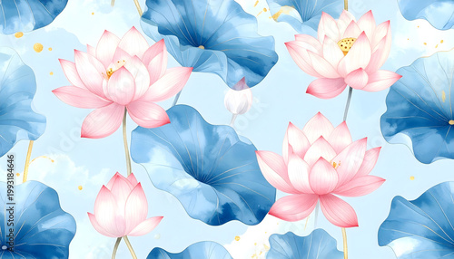 Soft Thai floral seamless pattern, lotus flowers in pastel tones, sky blue background 