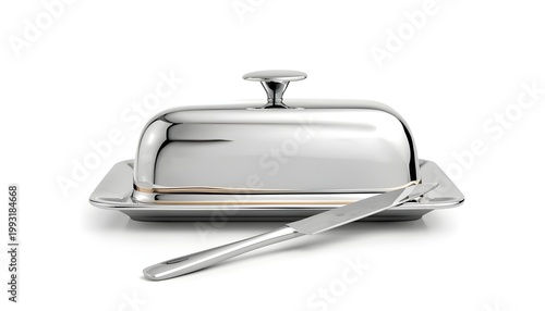 A shiny silver butter dish with a lid and a knife on a white background