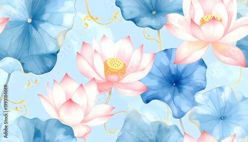 Soft Thai floral seamless pattern, lotus flowers in pastel tones, sky blue background 