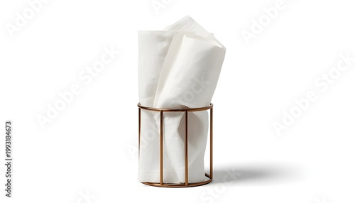A copper wire napkin holder with white napkins on a plain white background