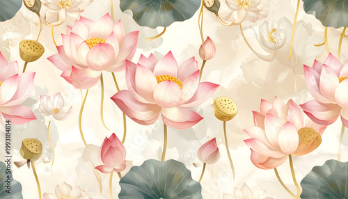 Thai inspired floral seamless pattern, lotus and jasmine flowers, cream background 