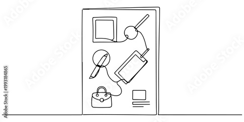 Continuous one line of a flyer or poster with abstract icons, representing advertising materials, style hand drawn vector illustration.