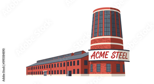 A massive red brick industrial factory complex features a towering cylindrical silo with a bold ACME STEEL sign under bright white studio lighting.