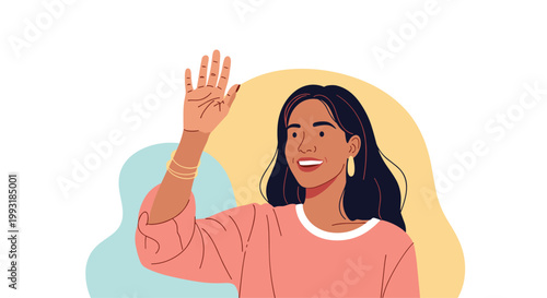 Young woman with long dark hair and a pink sweater smiles as she waves her hand in a friendly gesture of greeting or goodbye.