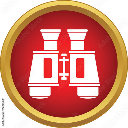Binoculars icon symbolizing discovery, observation, and focus in a red and gold circle