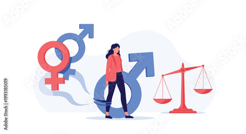 Empowered woman breaking free from societal chains and gender inequality symbols while moving toward justice and balance.