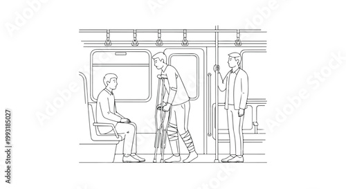 Man on Crutches Standing in Subway Train Vector Illustration