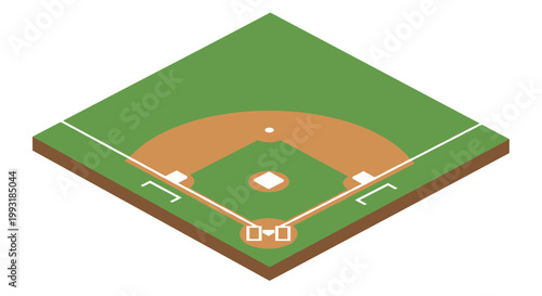 A detailed isometric view of a baseball field diamond showcases the green grass surface, brown dirt infield, and white base markers.