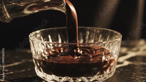 Rich dark chocolate liquid being poured into a clear crystal glass with intricate detailing