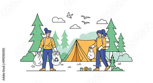 Eco friendly volunteers cleaning up a campsite in the forest by picking up plastic waste and recycling it in bags for nature.