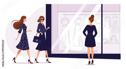 Fashionable women walking past a stylish boutique window display filled with elegant dresses during a shopping trip in the city.