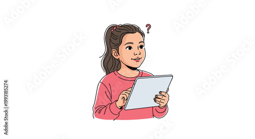 Curious young girl using a digital tablet with a question mark above her head symbolizing learning and educational discovery.