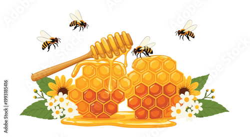 Natural honey arrangement with golden honeycombs and buzzing bees near a wooden honey dipper and bright yellow sunflowers.