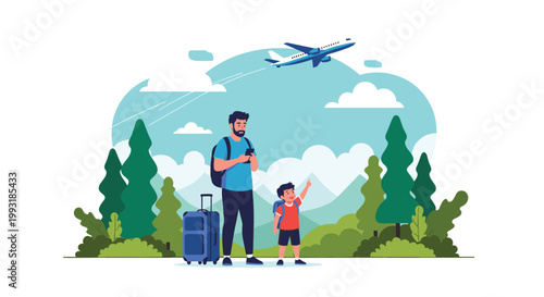Father and young son with travel suitcases looking at an airplane taking off in the sky while preparing for a family vacation.