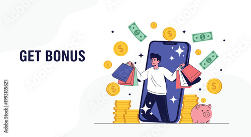 Happy shopper with many bags emerging from a smartphone screen surrounded by gold coins and a piggy bank for get bonus offer.