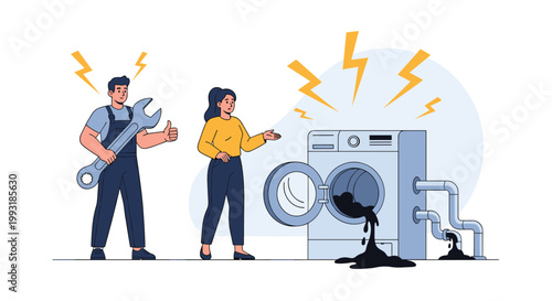 Professional plumber with a large wrench assisting a worried woman with a broken and leaking washing machine in her laundry room.